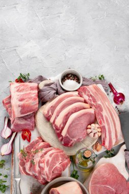 Açık gri arka planda çiğ domuz eti çeşitleri. Organik gurme yemek konsepti. Üst görünüm, düz görünüm, kopyalama alanı