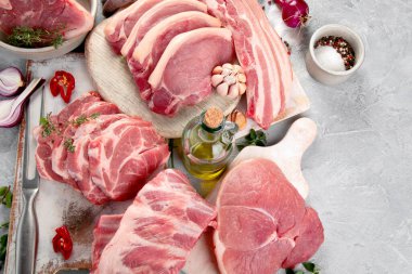 Açık gri arka planda çiğ domuz eti çeşitleri. Organik gurme yemek konsepti. Üst görünüm, düz görünüm, kopyalama alanı