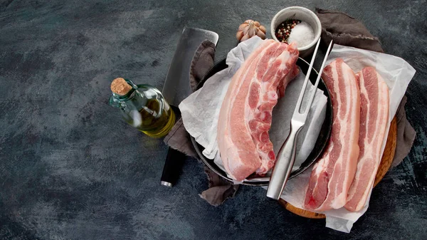 Raw Pork Belly Dark Gray Background Organic Gourmet Food Concept — Stock Photo, Image