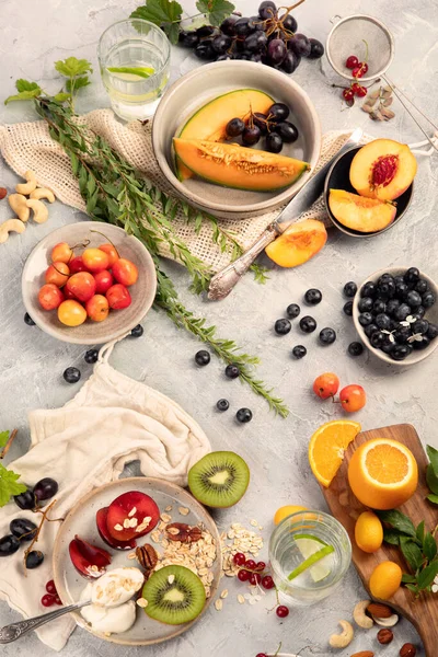 Fruit Assortment Served Light Gray Table Summer Food Concept Top — Stock Photo, Image