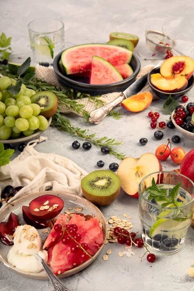 Fruit Assortment Served Light Gray Table Summer Food Concept Top — Stock Photo, Image