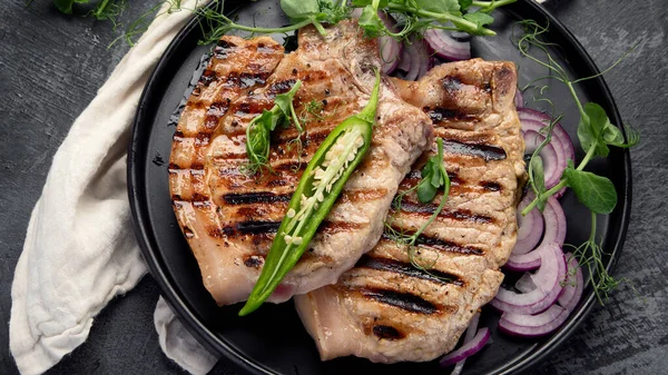 Sliced Roasted Pork Meat Dark Gray Background Organic Gourmet Food — Stock Photo, Image