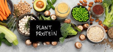 Işık arkaplanındaki doğal bitki protein kaynakları. Sağlıklı dengeli diyet kavramı. Üst manzara, düz yatış, manzara