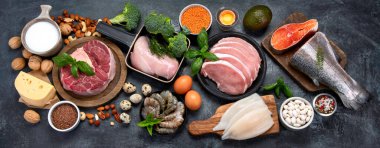 Koyu arkaplanda doğal protein kaynakları. Sağlıklı dengeli diyet kavramı. Üst manzara, düz yatış, manzara
