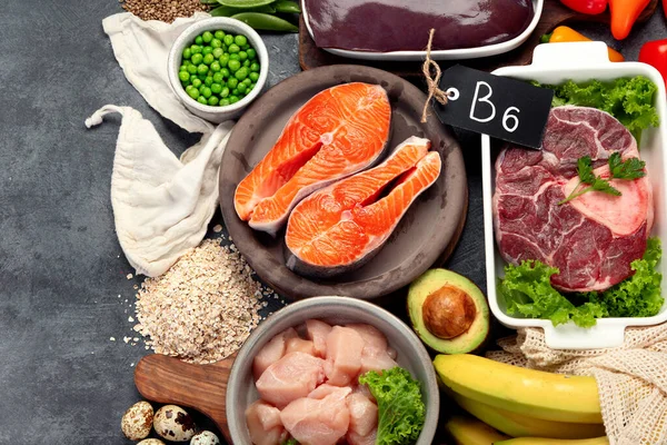 Természetes B12 Vitamin Források Piridoxin Egészséges Étel Koncepció Felülnézet Lapos — Stock Fotó