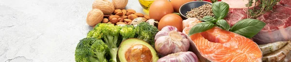 Keto Kost Mat Ljusgrå Bakgrund Hälsosam Låg Kolhydrat Fettrik Kost — Stockfoto