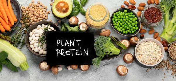 Sumber Alami Protein Tanaman Pada Latar Belakang Cahaya Konsep Diet — Stok Foto