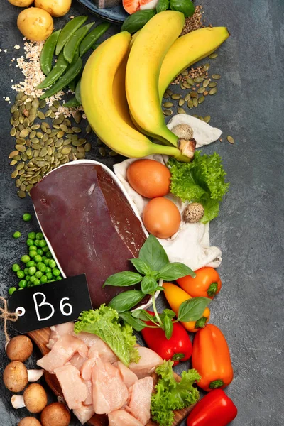 ビタミンB12 ピリドキシン の天然源 健康食品の概念 トップビュー フラットレイアウト コピースペース — ストック写真