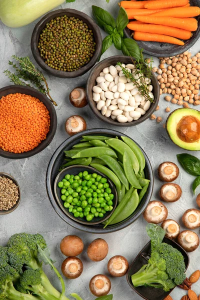 Fonti Naturali Proteine Vegetali Sfondo Chiaro Dieta Sana Concetto Equilibrato — Foto Stock