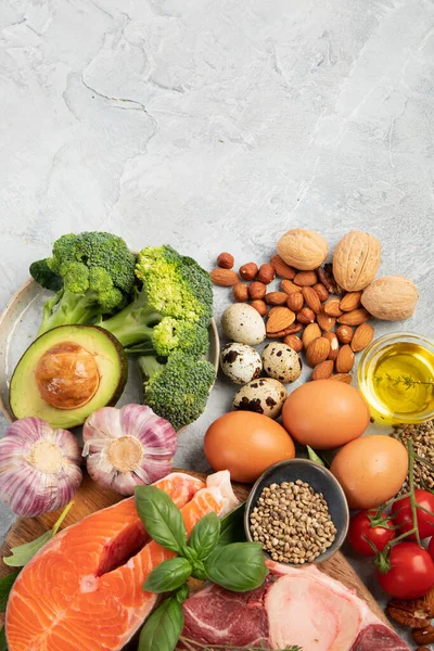 Comida Dieta Ceto Fundo Cinza Claro Baixo Carboidrato Saudável Dieta — Fotografia de Stock