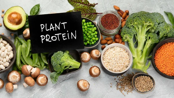 Natural sources of plant protein on light background. Healthy balanced diet concept. Top view, flat lay, panorama