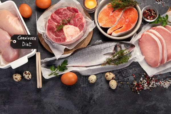 Húsevő Diéta Sötét Háttérrel Állati Eredetű Élelmiszereket Termékeket Tartalmazó Étrend — Stock Fotó