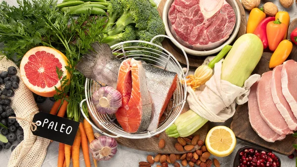 Cibo Dieta Paleo Sfondo Grigio Chiaro Prodotti Sani Ricchi Proteine — Foto Stock