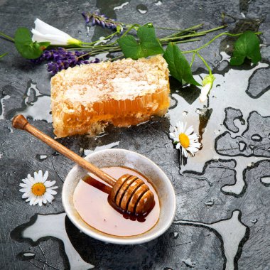 Arkaplanda bal ve bal var. Organik gıda konsepti. Üst görünüm, düz görünüm, kopyalama alanı