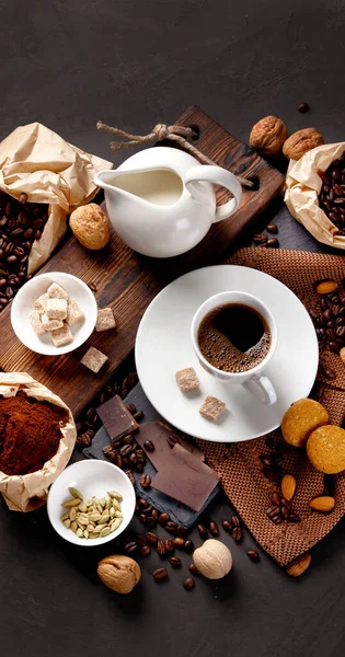 Coffee Snacks Black Background Table Setting Top View Flat Lay — Stock Photo, Image