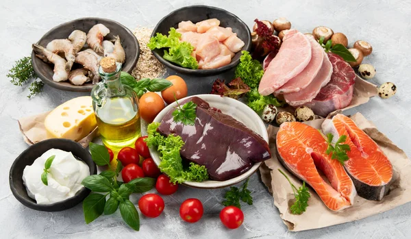 Їжа Високим Вмістом Вітаміну Світло Сірому Фоні Концепція Здорового Харчування — стокове фото