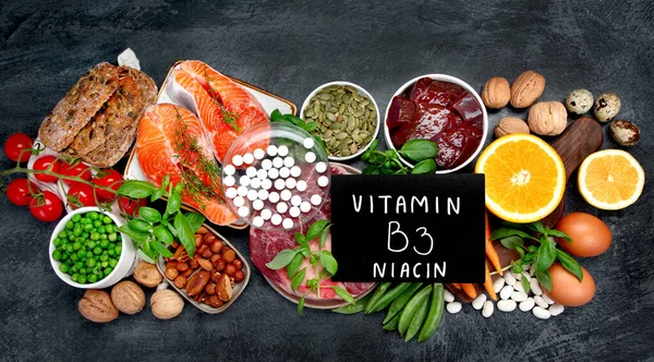 Élelmiszer Magas Vitamin Sötét Háttérrel Egészséges Étrend Koncepció Felülnézet Lapos — Stock Fotó