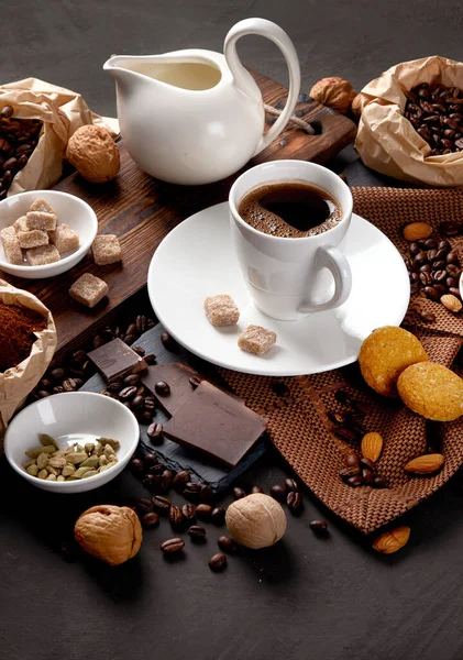 Coffee Snacks Black Background Table Setting — Stock Photo, Image