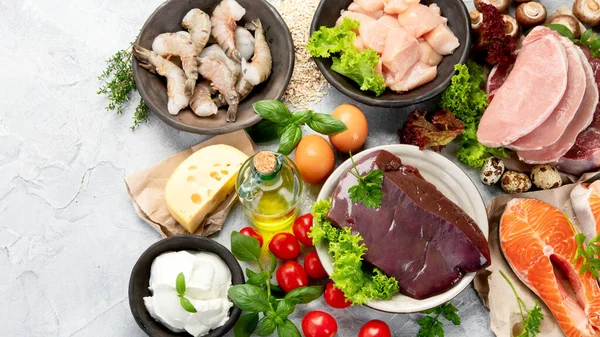 Mat Hög Vitamin Ljusgrå Bakgrund Hälsosam Kost Koncept Ovanifrån Platt — Stockfoto