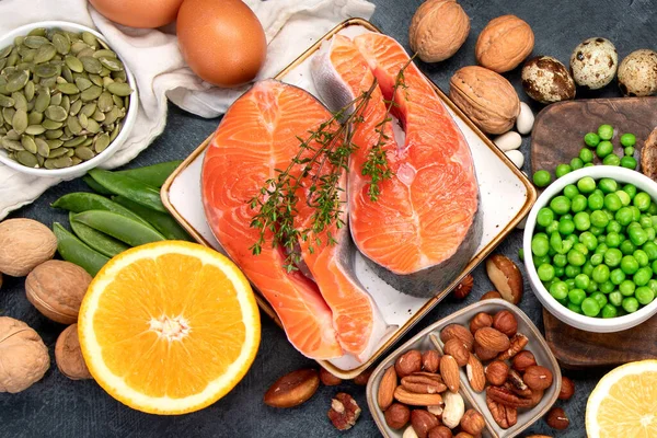 Comida Rica Vitamina Fundo Escuro Conceito Dieta Saudável Vista Superior — Fotografia de Stock