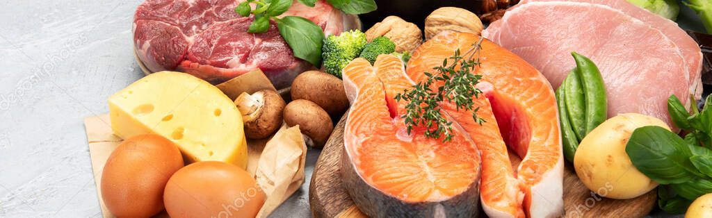 Food high in vitamin B2 on light background. Healthy diet concept. Panorama