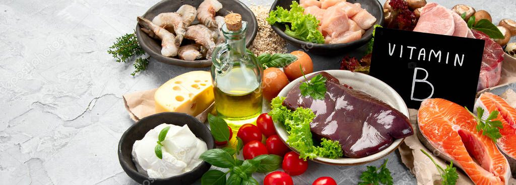 Food high in vitamin B on light gray background. Healthy diet concept. Panorama ,copy space