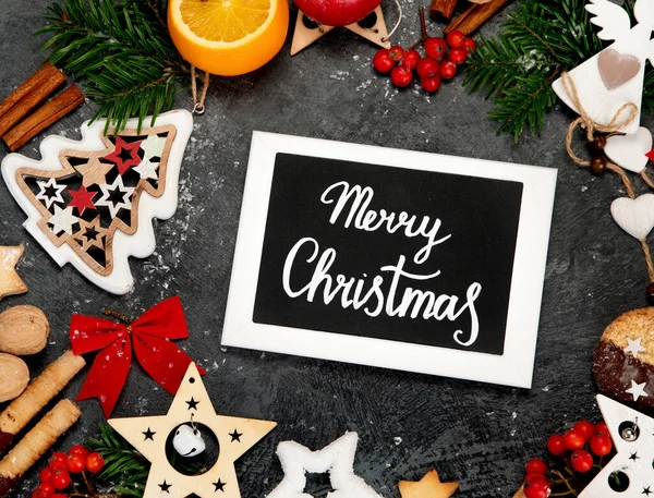 Χριστουγεννιάτικη Σύνθεση Σκούρο Φόντο Εορταστικό Φόντο Πάνω Άποψη Επίπεδη Lay — Φωτογραφία Αρχείου