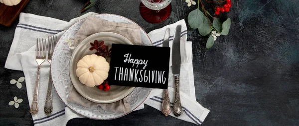 Harvest Table Setting Dark Background Holiday Season Concept Top View — Stock Photo, Image