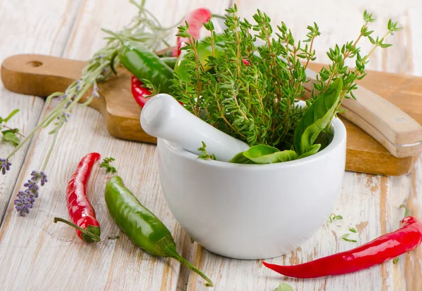 Minomet s bylinkami a chilli — Stock fotografie