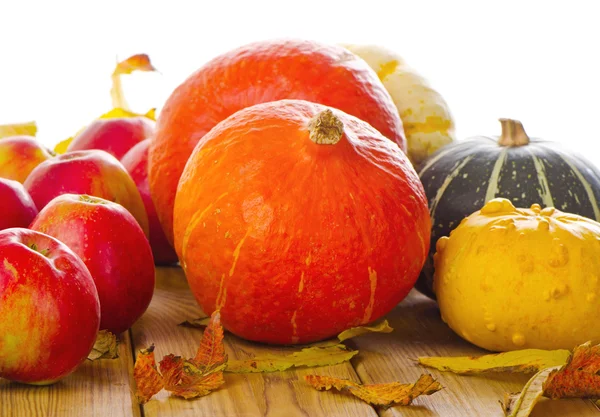 Оранжевые тыквы с яблоками — стоковое фото