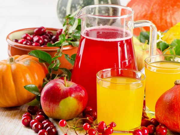 Outono ainda vida com suco fresco, frutas, bagas e vegetais — Fotografia de Stock