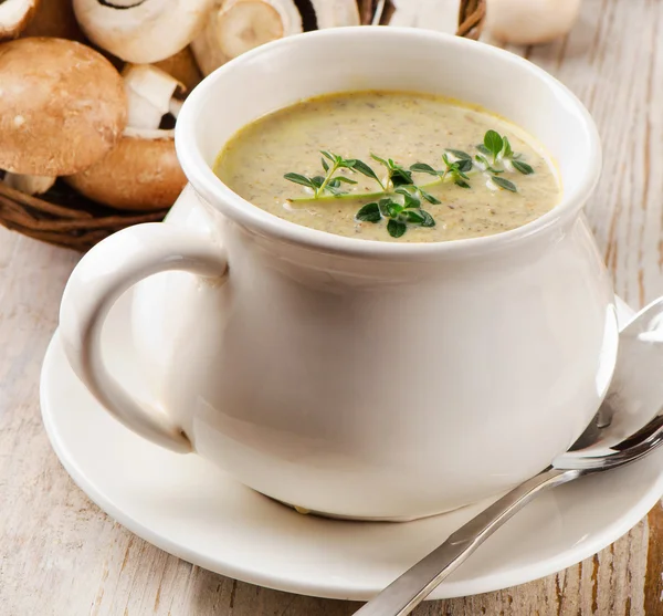 Creamy soup and fresh mushrooms — Stock Photo, Image