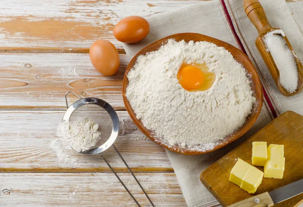 Eggs, flour, sugar and butte — Stock Photo, Image