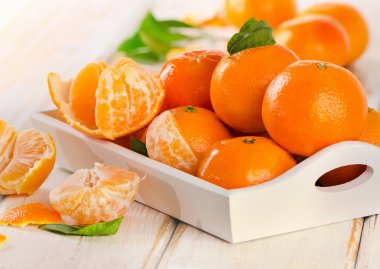 yaprakları ile olgun mandalina