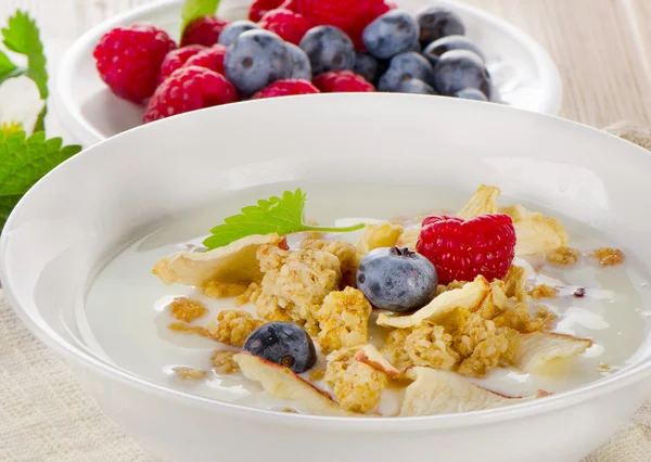Zdravá snídaně - jogurt s müsli a čerstvé jahody — Stock fotografie