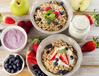 Müsli, taze meyve ve yoğurt