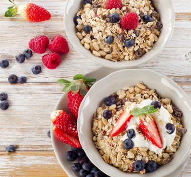 Müsli, taze meyve ve yoğurt