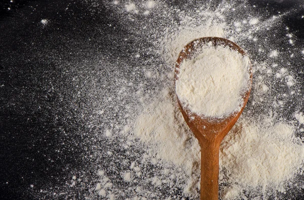 White Flour in  old  wooden spoon. — Stock Photo, Image