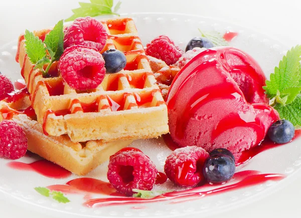 Belgian waffles with raspberries sorbet — Stock Photo, Image