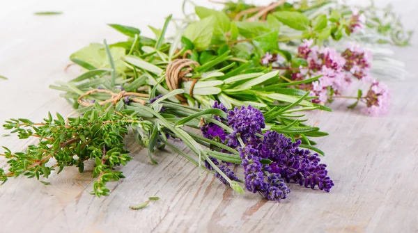 Ervas frescas na mesa de madeira. — Fotografia de Stock