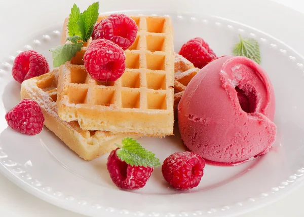 Belgian waffles with raspberries sorbet — Stock Photo, Image