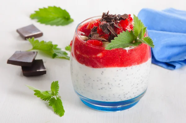 Chia pudding with berries and chocolate — Zdjęcie stockowe