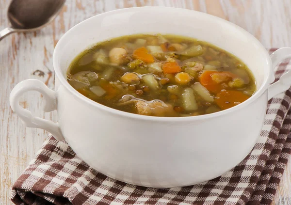 Soup with Lentils, Beans, Chicken and Vegetables. — Stock Photo, Image