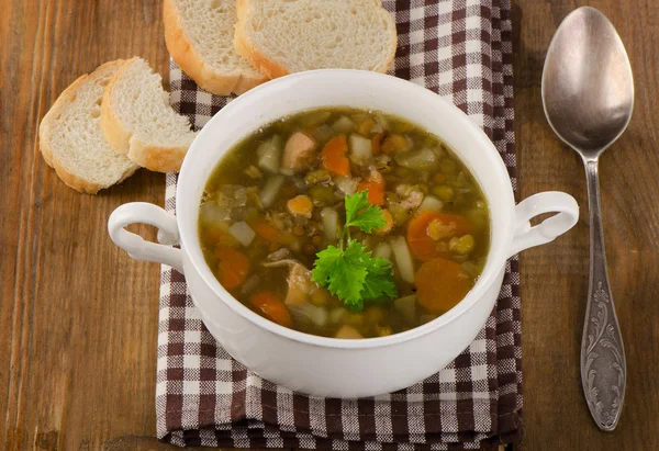 Soup with Lentils, Beans, Chicken and Vegetables. — Stock Photo, Image