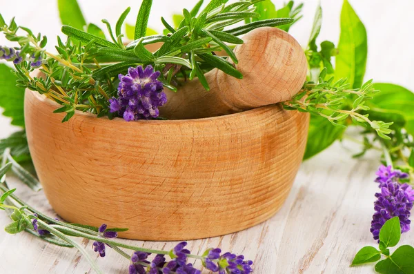 Mortero de madera con hierbas verdes frescas — Foto de Stock