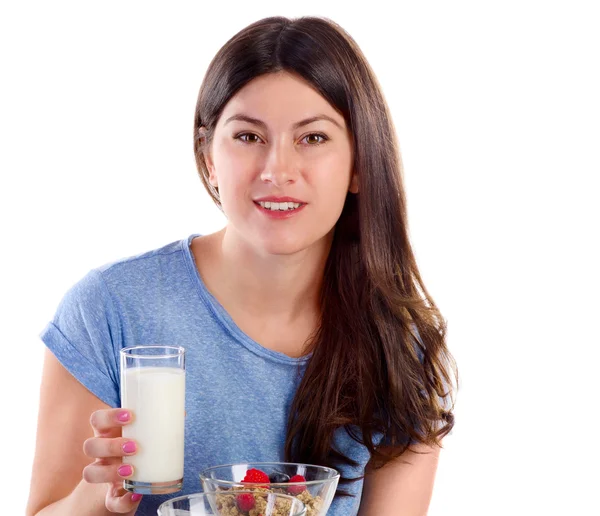 Mujer comiendo desayuno saludable — Foto de Stock