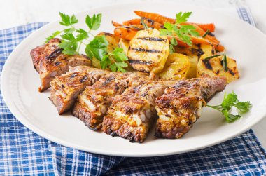 Beyaz tabakta ızgara domuz pirzolası..