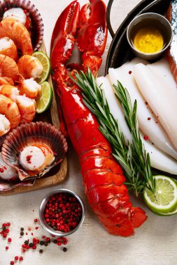 Çeşitli taze deniz ürünleri ve otlar. Taze balık ve deniz ürünleri düzenlemesi. Üst görünüm.