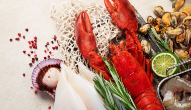 Çeşitli taze deniz ürünleri ve otlar. Taze balık ve deniz ürünleri düzenlemesi. Üst görünüm.