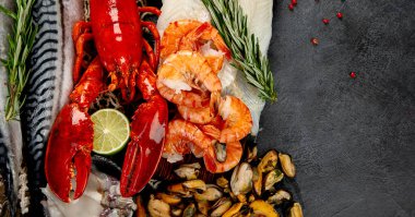 Çeşitli taze deniz ürünleri ve otlar. Taze balık ve deniz ürünleri düzenlemesi. Üst görünüm.